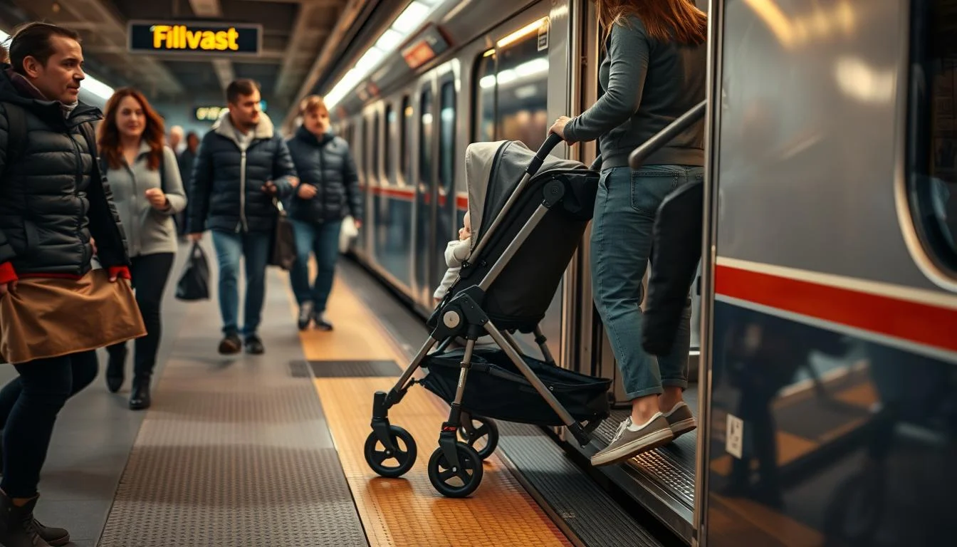 Parents with a baby in a buggy navigating a modern train station in Dubai, utilizing accessible ramps and elevators