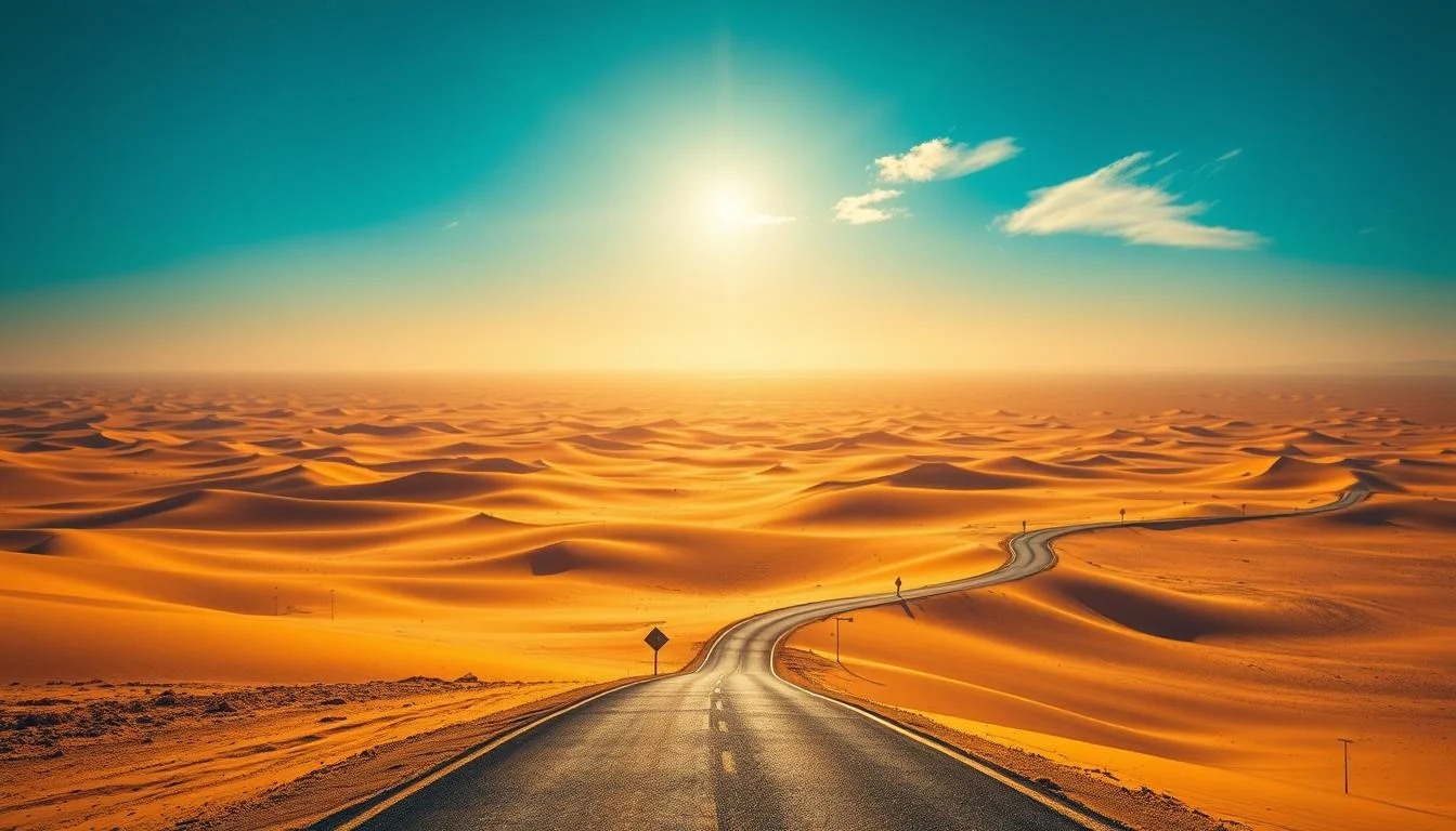 Tourists driving dune buggies across the vast Arabian Desert near Dubai, with golden sand dunes stretching to the horizon under a clear sky