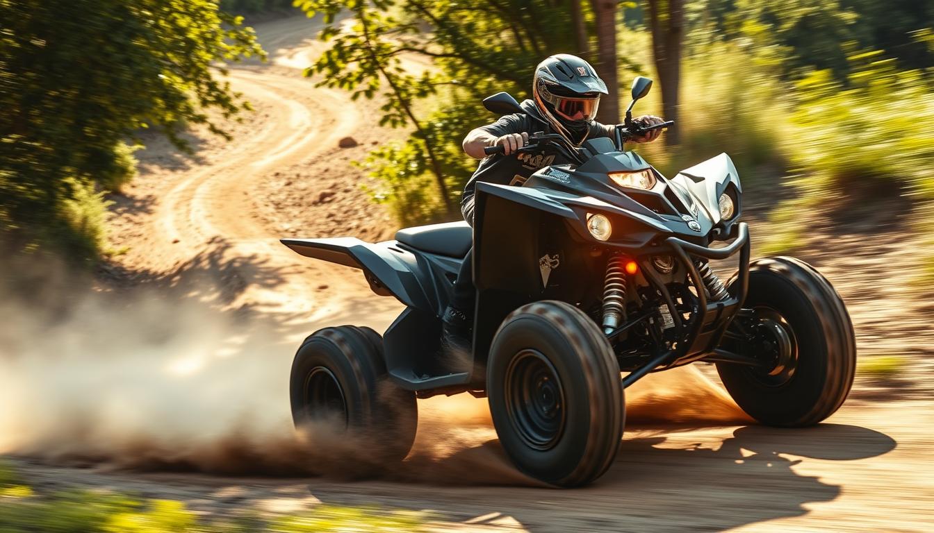 A powerful 450cc quad bike speeding across a vast desert landscape with sand dunes in the background under a clear sky