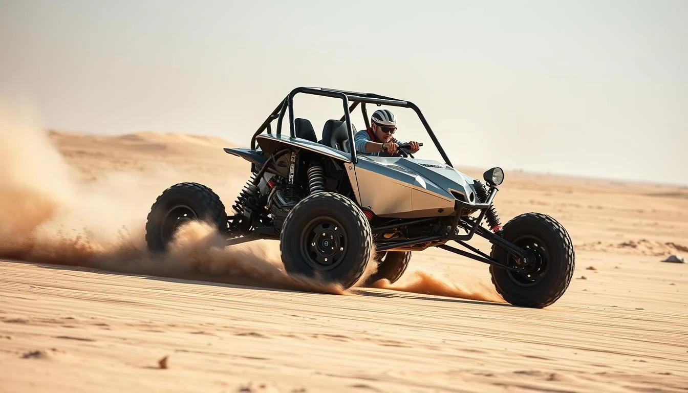 Tourists riding 125cc dune buggies across sun-kissed red Dubai dunes, kicking up sand at sunset