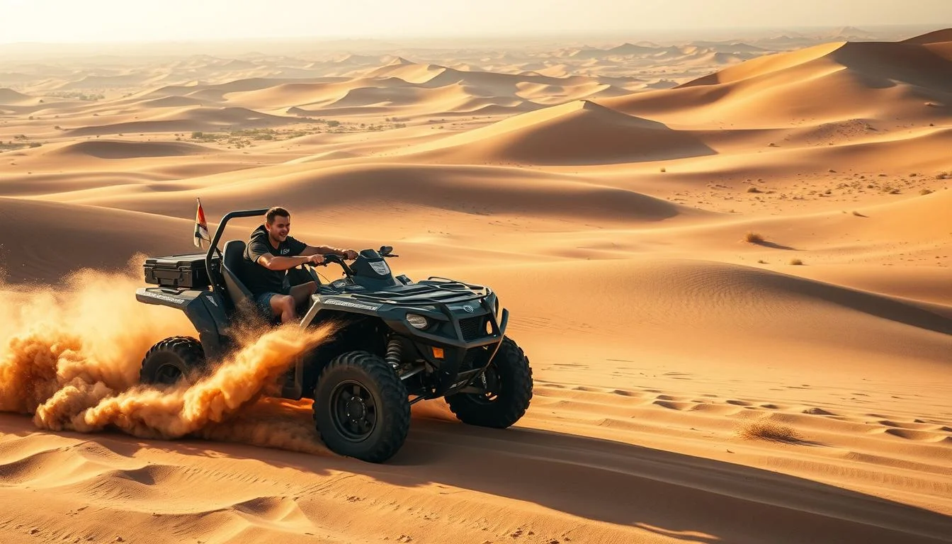Tourists in a 4x4 vehicle kicking up sand while dune bashing across the vast red dunes of the Dubai desert at sunset