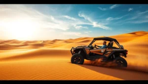 Driver speeding across golden sand dunes in an off-road buggy under a blue sky with wispy clouds, dune bashing in Dubai
