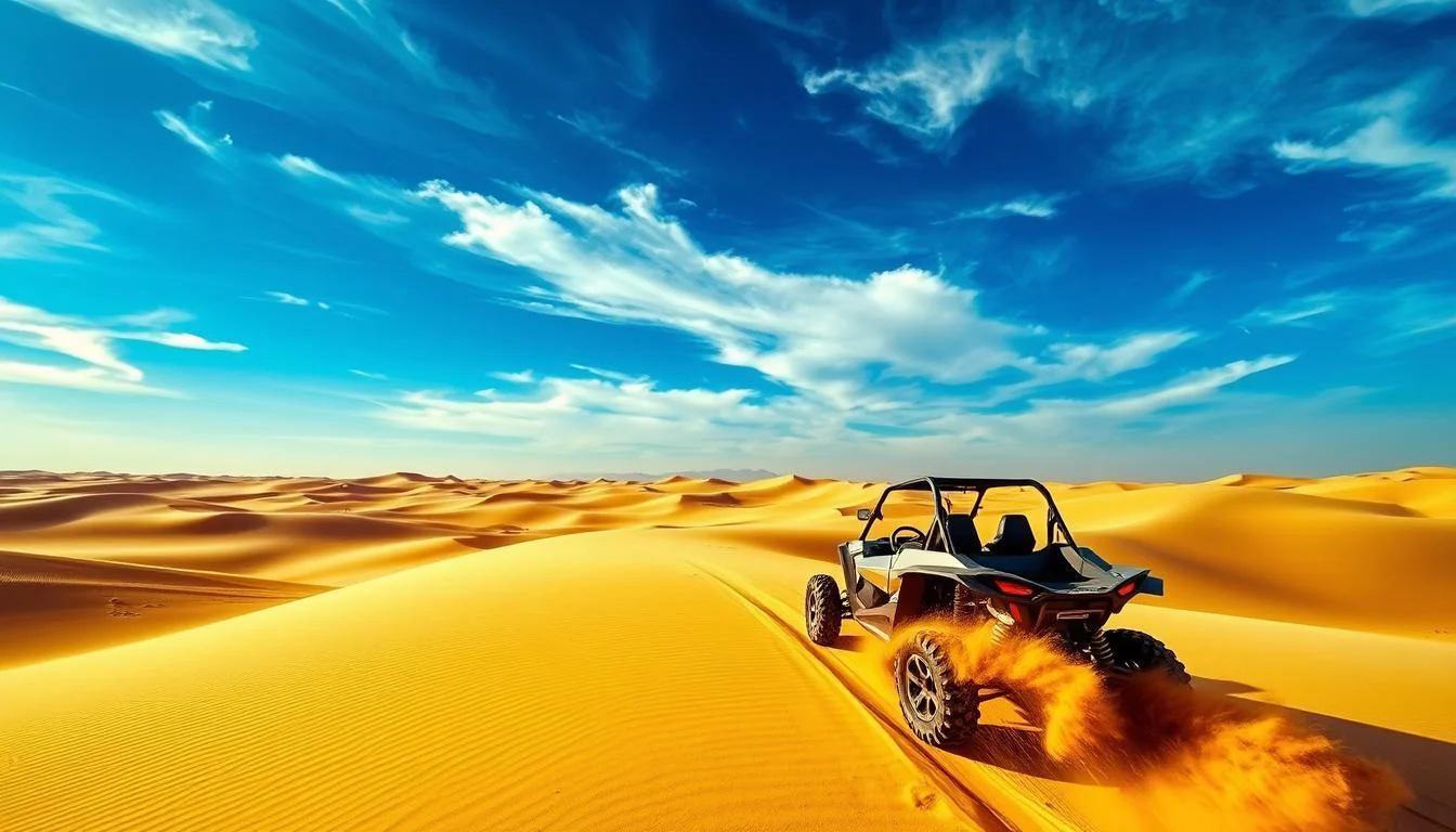 A powerful 4x4 vehicle with tourists dune bashing across the golden sands of the Arabian Desert in Dubai at sunset