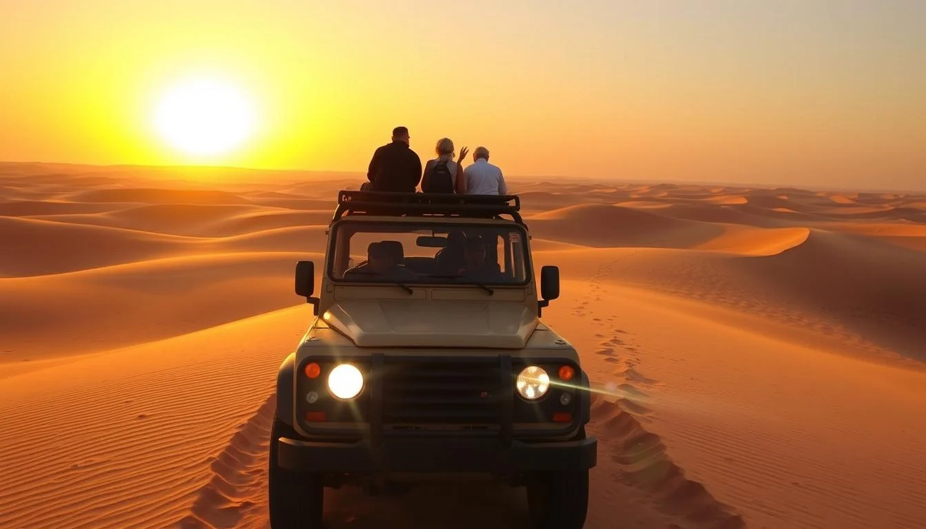 Tourists enjoying a thrilling dune buggy ride across the vast red dunes of the Arabian desert in Dubai at sunset