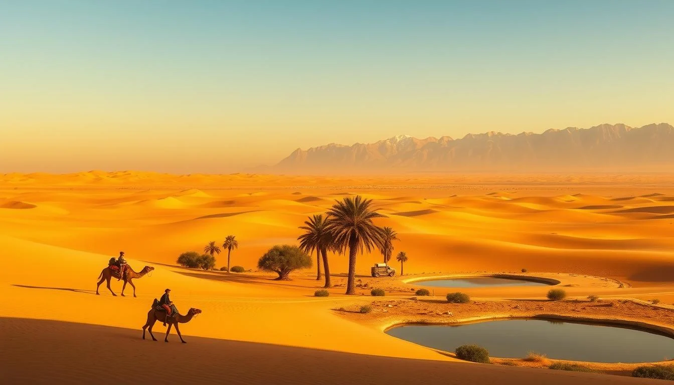 Tourists enjoying a desert safari at sunset, with golden sand dunes stretching into the horizon and a warm breeze touching their faces.