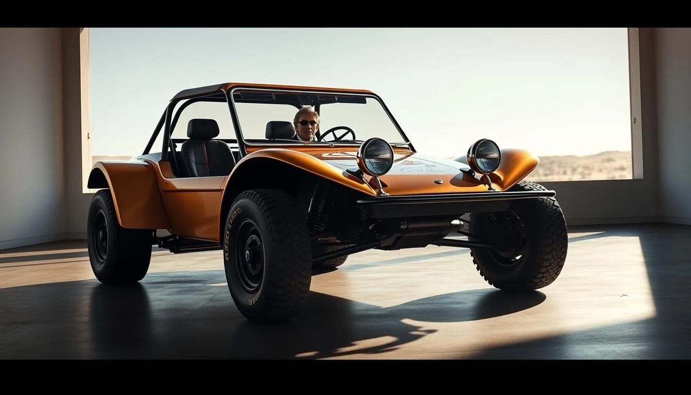 Steve McQueen's iconic dune buggy, a custom Volkswagen Beetle, parked in a desert landscape, symbolizing adventure and classic style