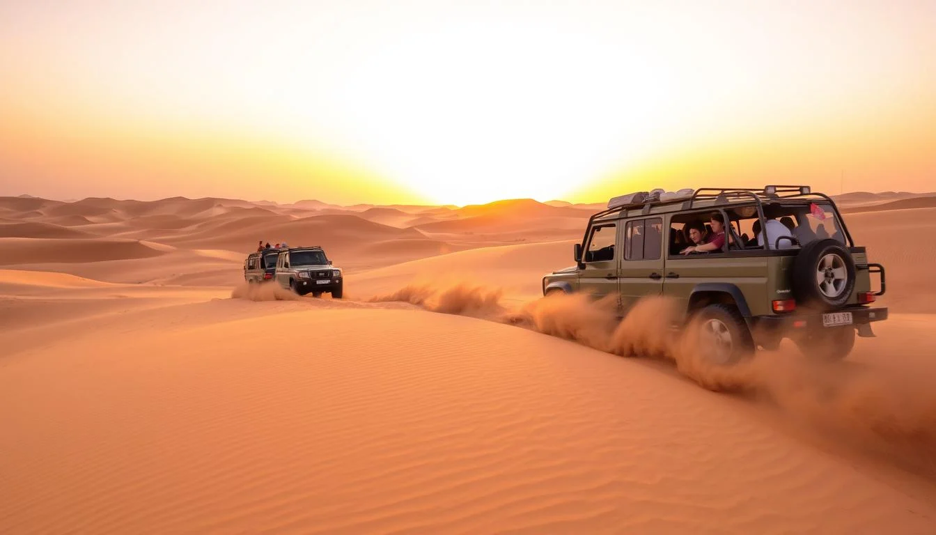 Two 4x4 safari vehicles with passengers driving over desert dunes at sunset, kicking up trails of sand