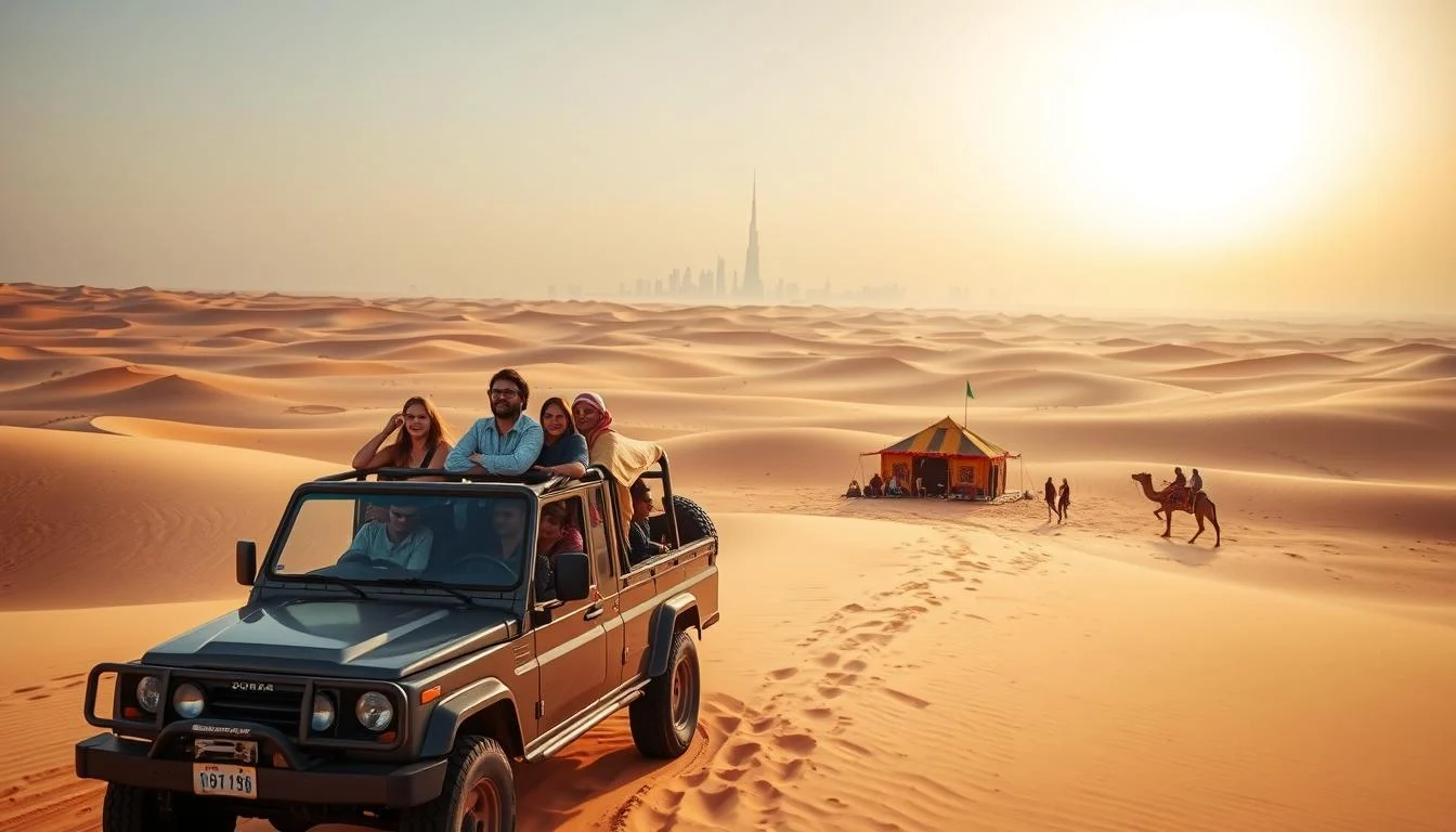 Tourists enjoying a desert safari in Dubai, with a 4x4 vehicle kicking up sand dunes under a clear blue sky