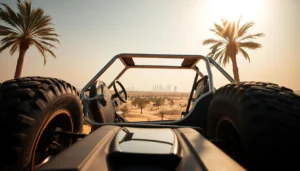 Rear view of an empty dune buggy with a roll cage and large tires on desert sand between palm trees and a distant skyline