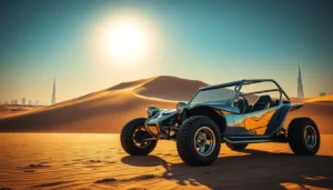 Chrome dune buggy parked on Dubai desert sand with dunes, a low sun and the city skyline behind