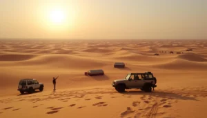 Two 4x4 vehicles and a waving guest on Dubai desert safari dunes near small camps at sunset