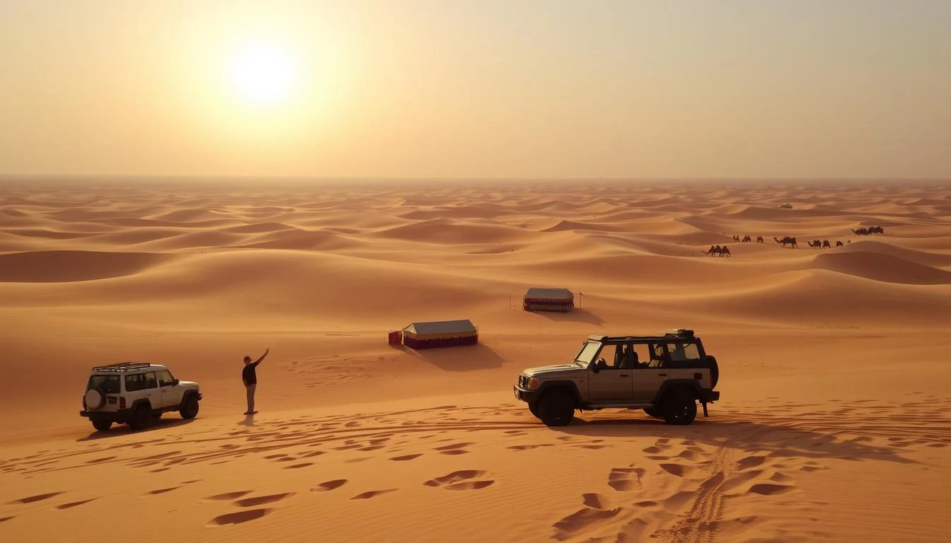 Two 4x4 vehicles and a waving guest on Dubai desert safari dunes near small camps at sunset