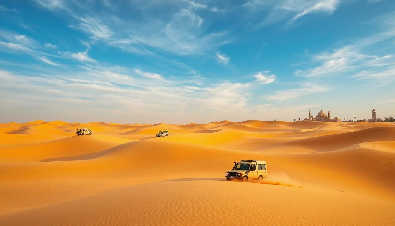 Tourists enjoying a thrilling dune bashing experience in a 4x4 vehicle during a desert safari in Dubai at sunset
