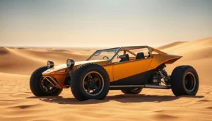 Orange dune buggy with a roll cage and large off-road tires parked on rippled sand dunes in the desert