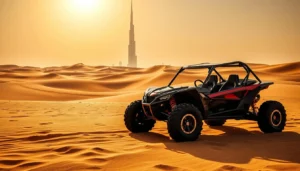 Black and red dune buggy parked on desert dunes with a supertall tower rising from the hazy skyline, dune buggy in Dubai