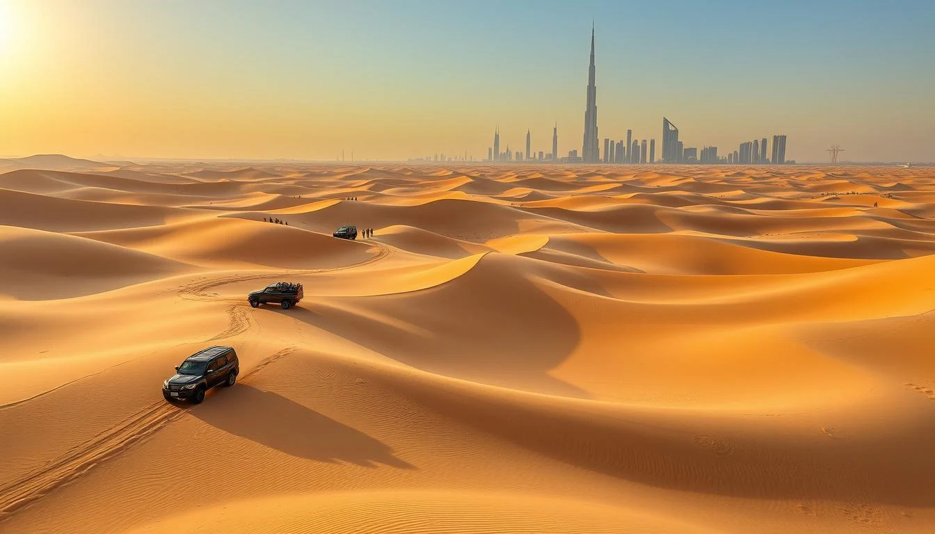 Tourists enjoying a thrilling dune buggy ride across the golden desert dunes of Dubai at sunset, with a clear sky overhead