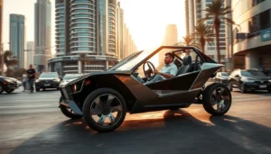Man driving an open-frame buggy car along a palm-lined city street past high-rise towers at sunset