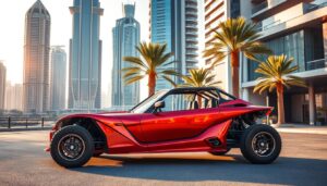 Red buggy car parked on a Dubai street lined with palm trees and glass skyscrapers