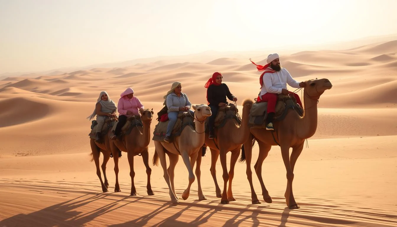 Tourists riding camels across the vast Arabian desert sands at sunset, with golden dunes stretching into the distance
