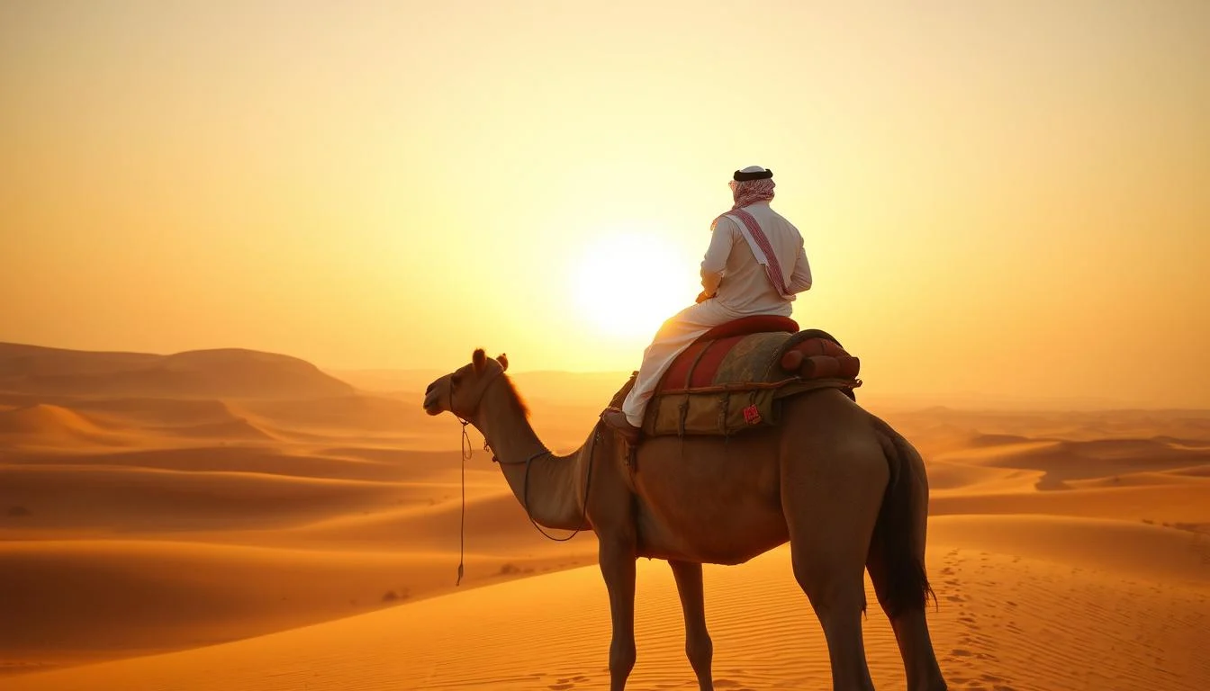 Tourists riding majestic camels across golden Dubai desert sands at sunset, experiencing a traditional Arabian adventure