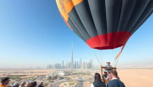 Passengers and pilot in a hot air balloon basket above the Dubai outskirts, city skyline ahead