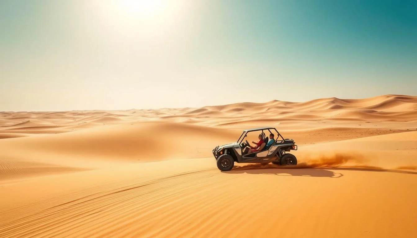 Tourists riding dune buggies across the vast, silent red dunes of Abu Dhabi's desert at sunset, kicking up sand