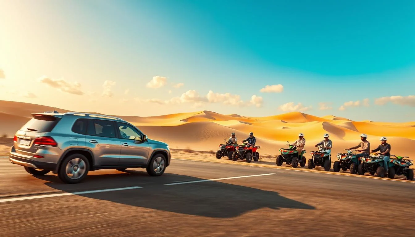 Quad bikers riding across the red dunes of Al Badayer (Big Red) desert in Sharjah, with other quad bikes parked nearby