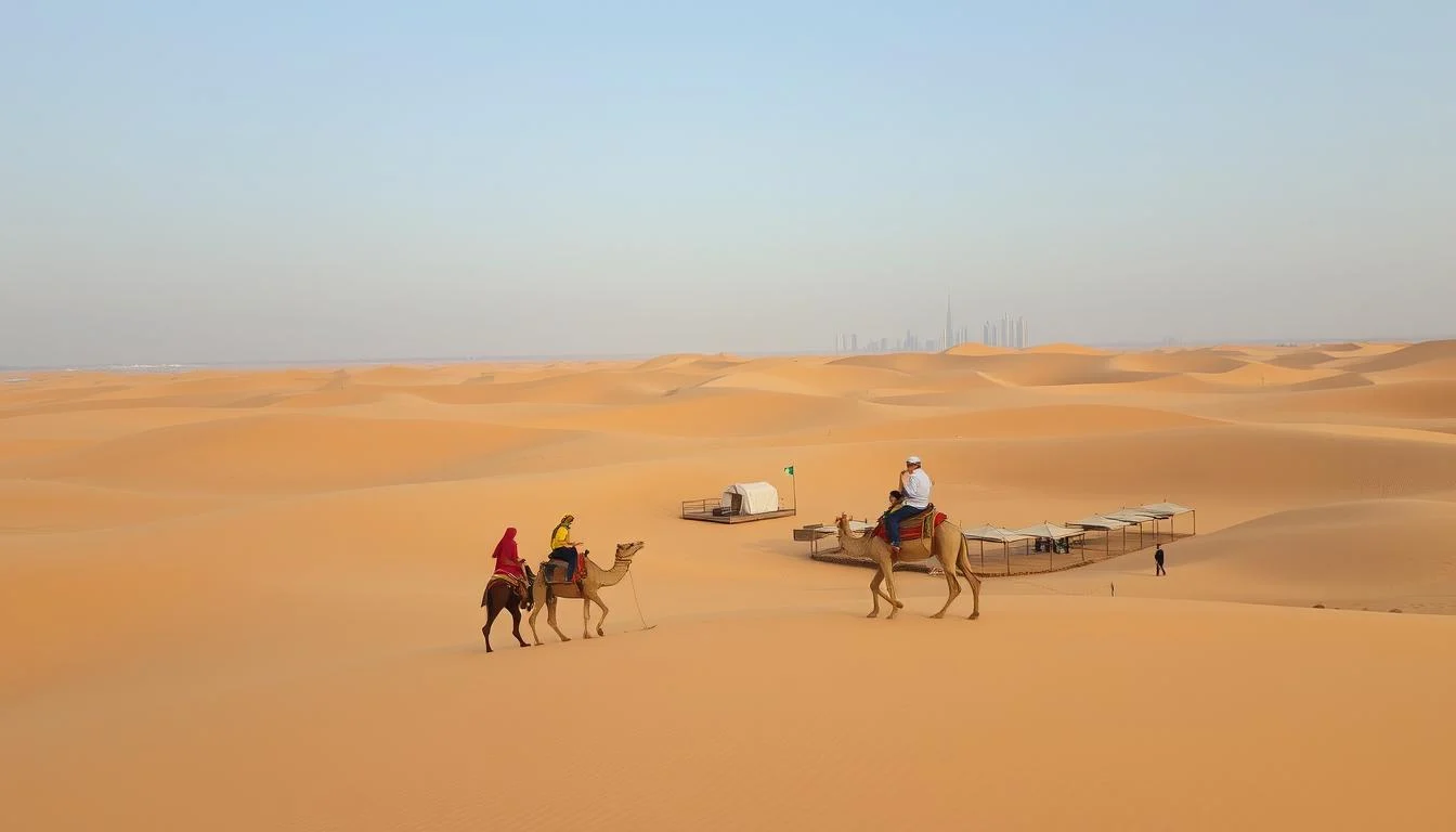 Tourists enjoying a peaceful desert safari in Dubai with camels and stunning sunset views over golden sand dunes