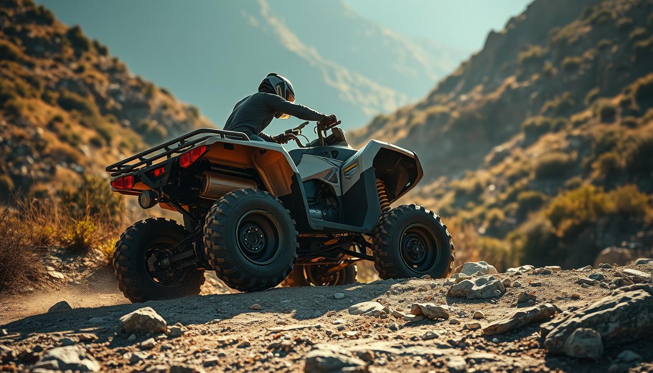 Rider on an ATV navigating a sandy dune in the Dubai desert, demonstrating proper weight distribution and control to prevent tipping