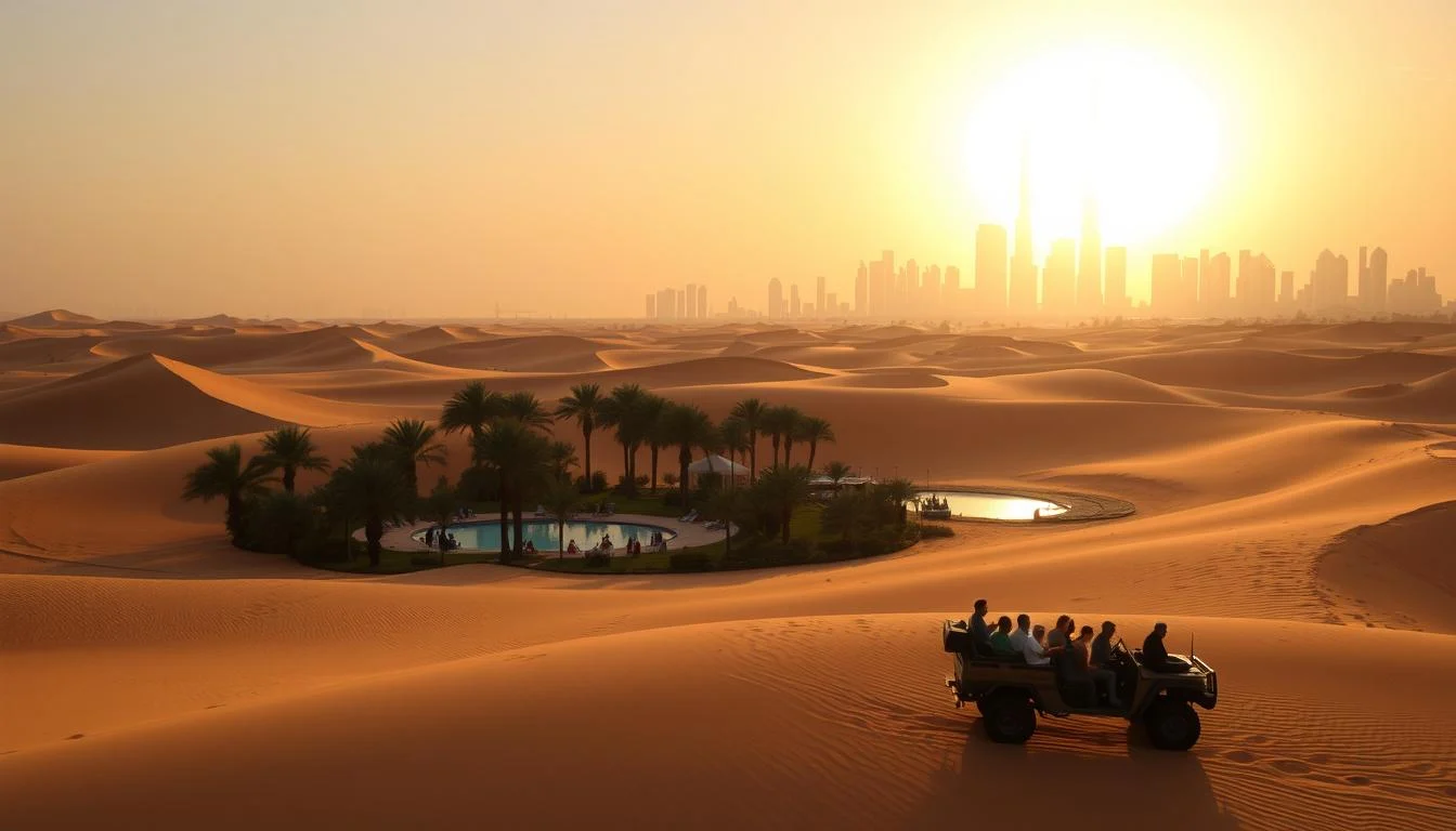 Tourists enjoying a desert safari in Dubai, with a traditional camp and dunes in the background at sunset