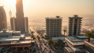 Aerial view of a busy Dubai street lined with palm trees, shops and high-rise towers in golden haze