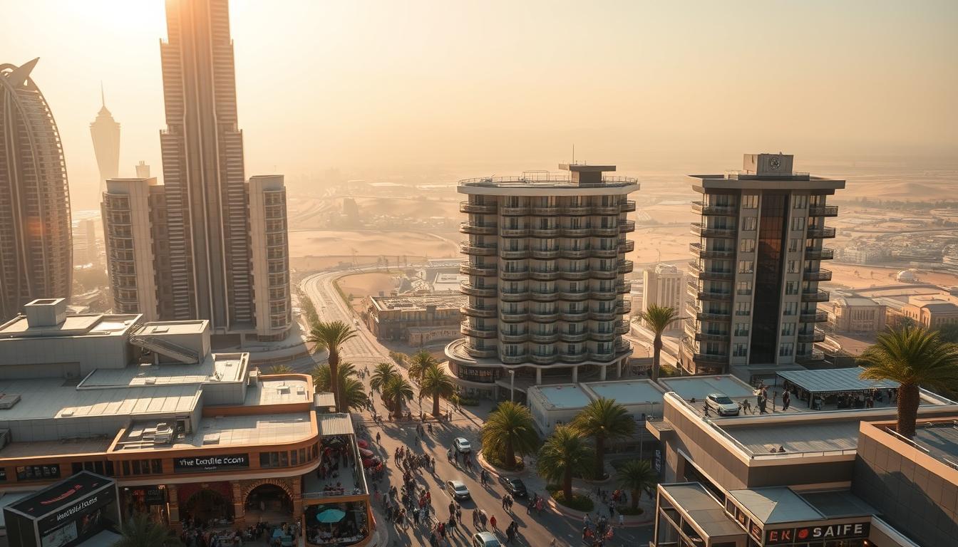 Aerial view of a busy Dubai street lined with palm trees, shops and high-rise towers in golden haze