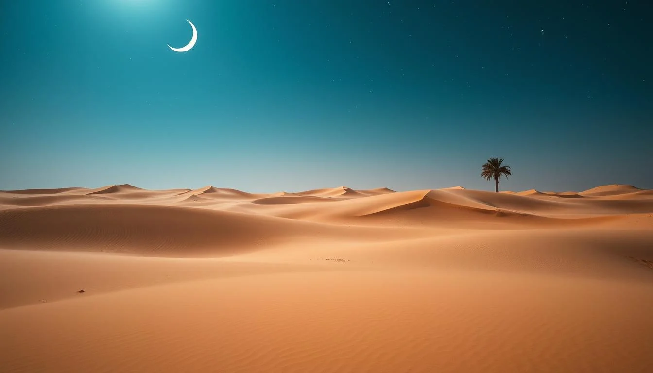 Tourists enjoying a cool evening in the Dubai desert, gazing at stars after a hot day, with sand dunes in the background