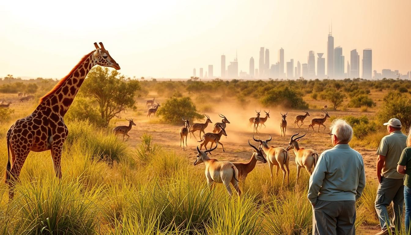 Senior citizens enjoying a desert safari in Dubai, riding in a comfortable 4x4 vehicle across golden dunes at sunset