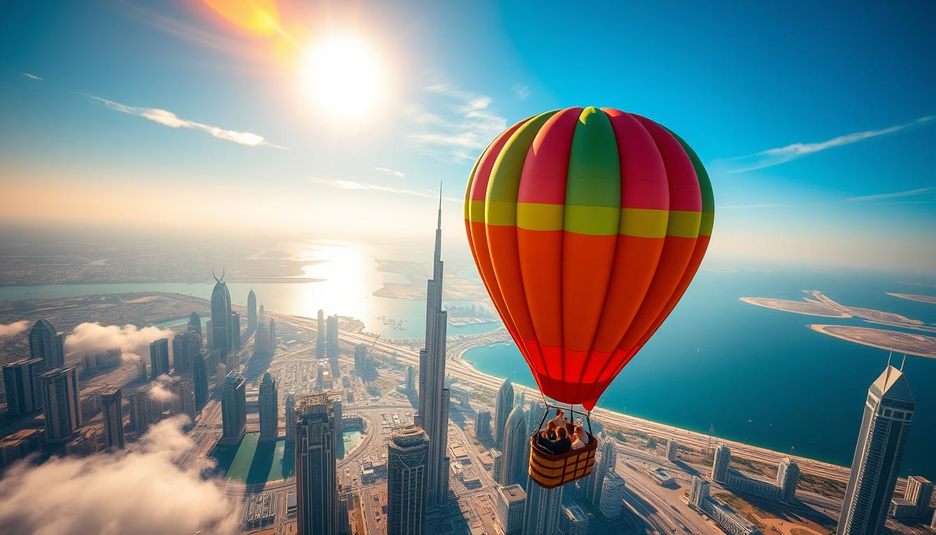 Colorful hot air balloon with passengers floating high above the Dubai skyline and coastline