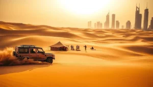 4x4 kicking up sand near a desert camp tent and visitors on the dunes with a hazy city skyline, a desert safari scene