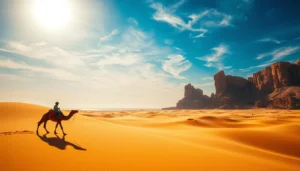 Lone camel rider crossing golden desert dunes under a bright sun, red rock cliffs on the horizon