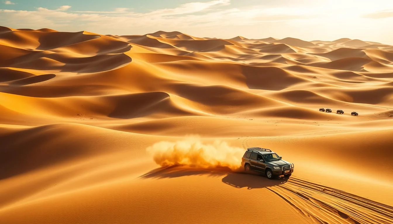 Tourists enjoying a thrilling dune bashing experience in a 4x4 vehicle during a Dubai desert safari at sunset