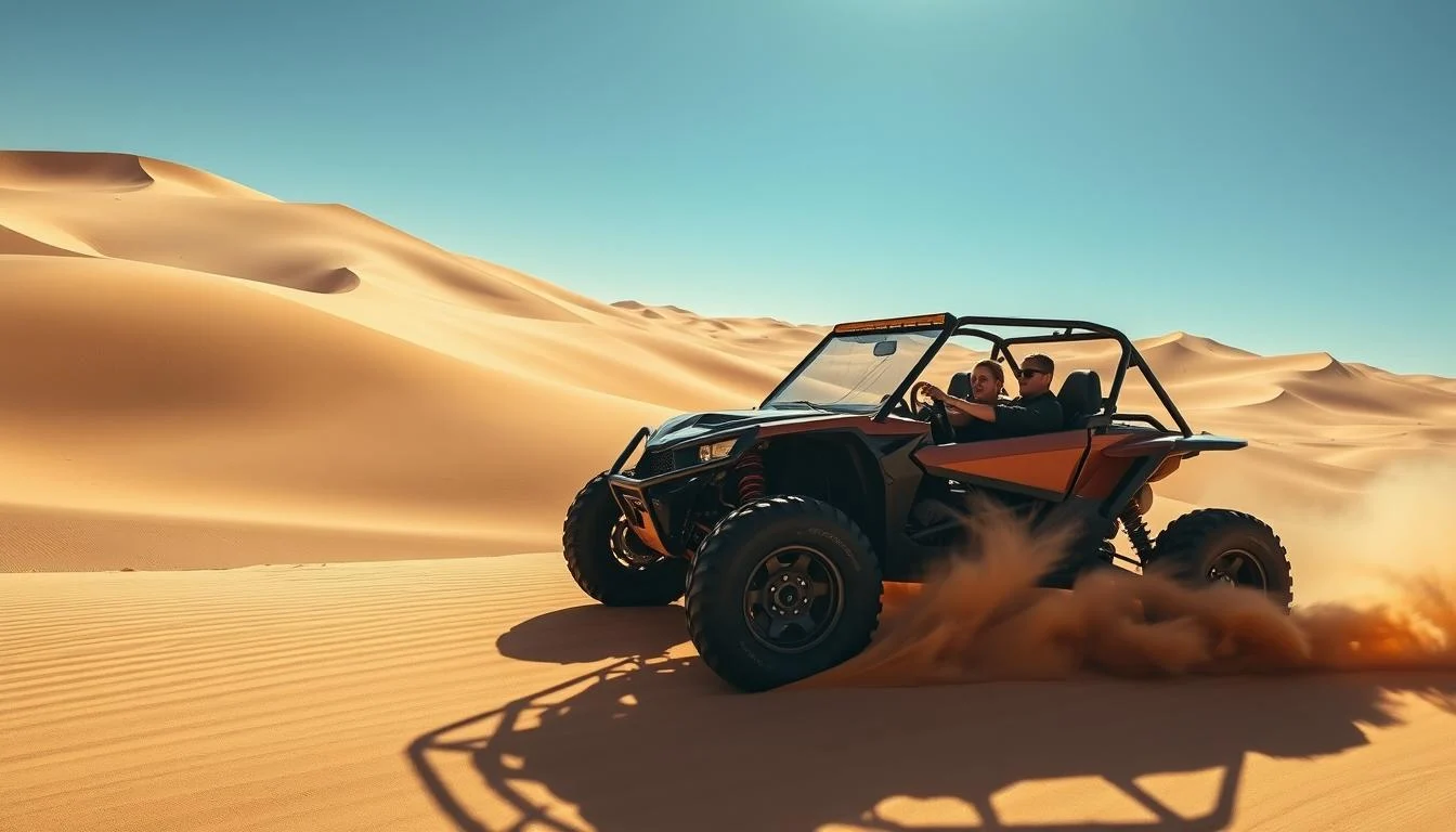 A 4x4 vehicle dune bashing across a red sand dune in the Dubai desert, kicking up sand against a clear blue sky