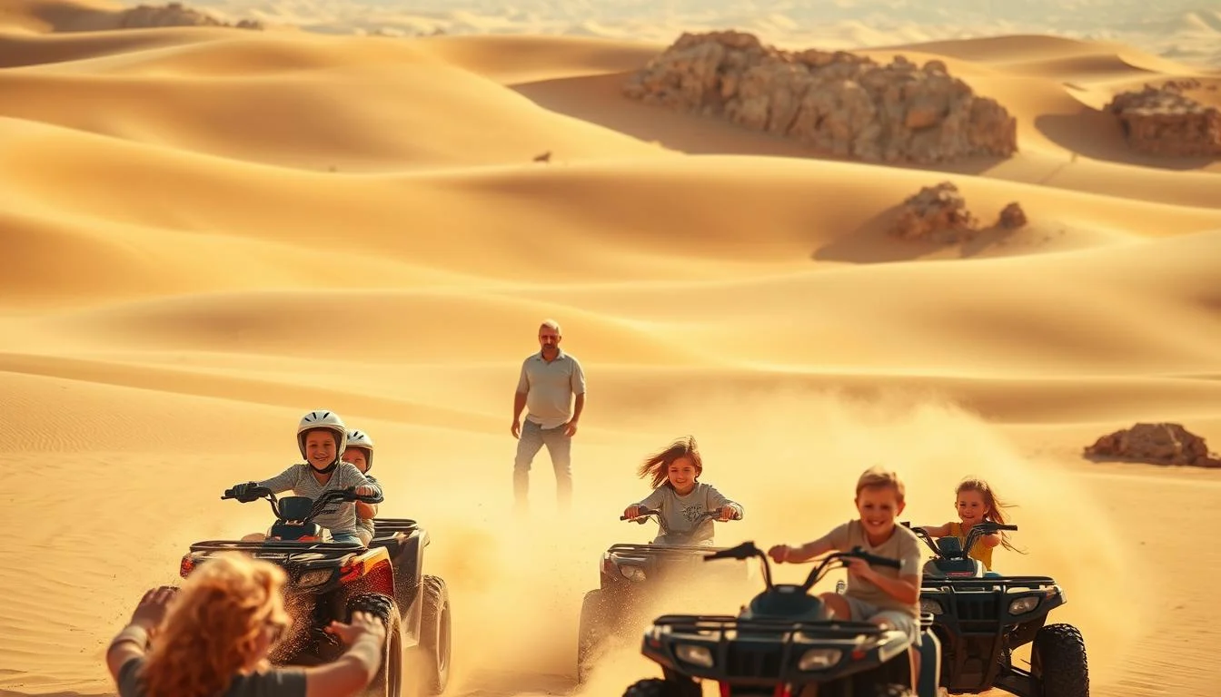Parents and children in a 4x4 vehicle, safely secured with seatbelts, enjoying a family-friendly dune bashing experience in the Dubai desert