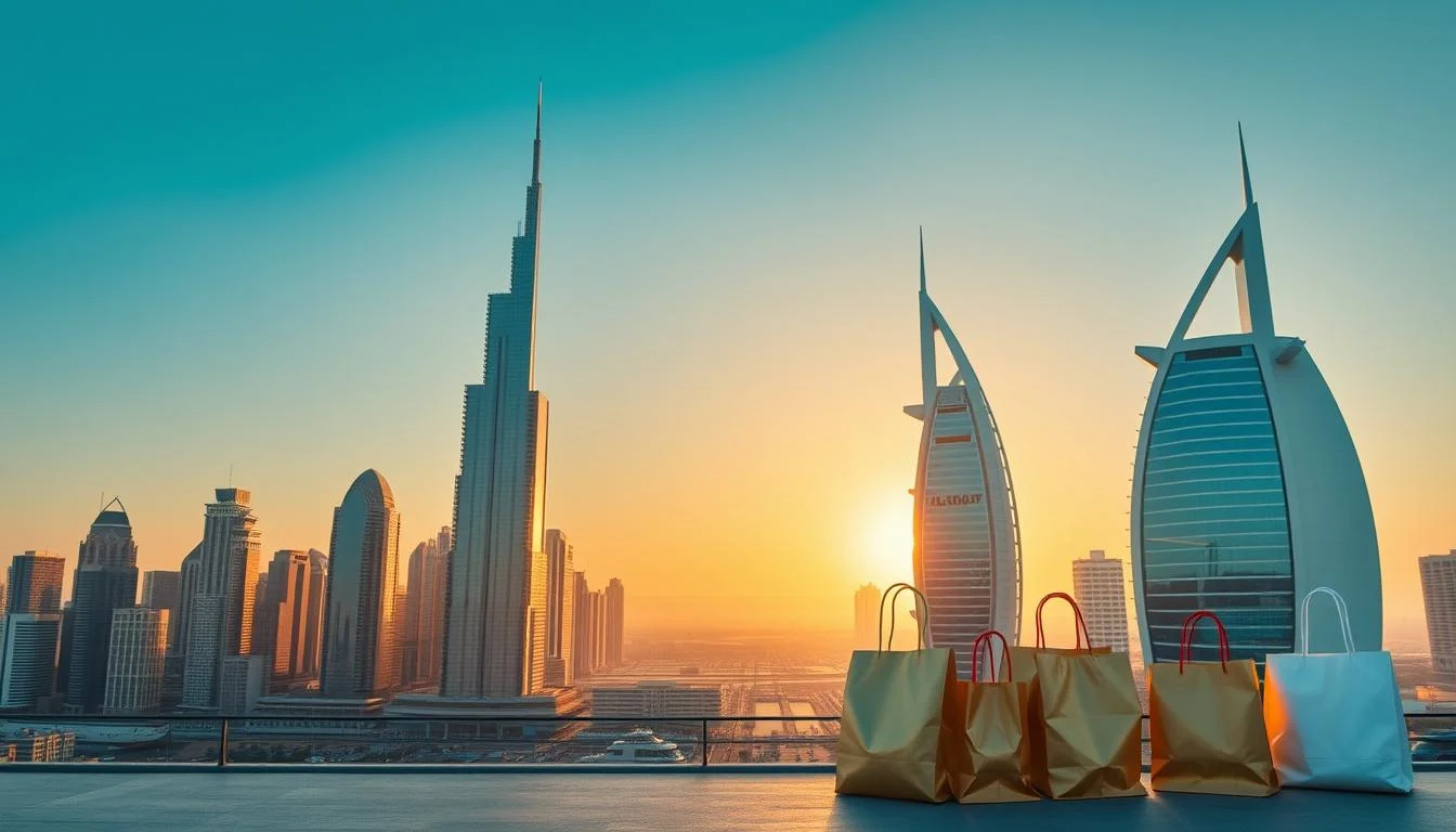 Shopping bags on a rooftop ledge facing the Dubai skyline and sail-shaped towers at sunset