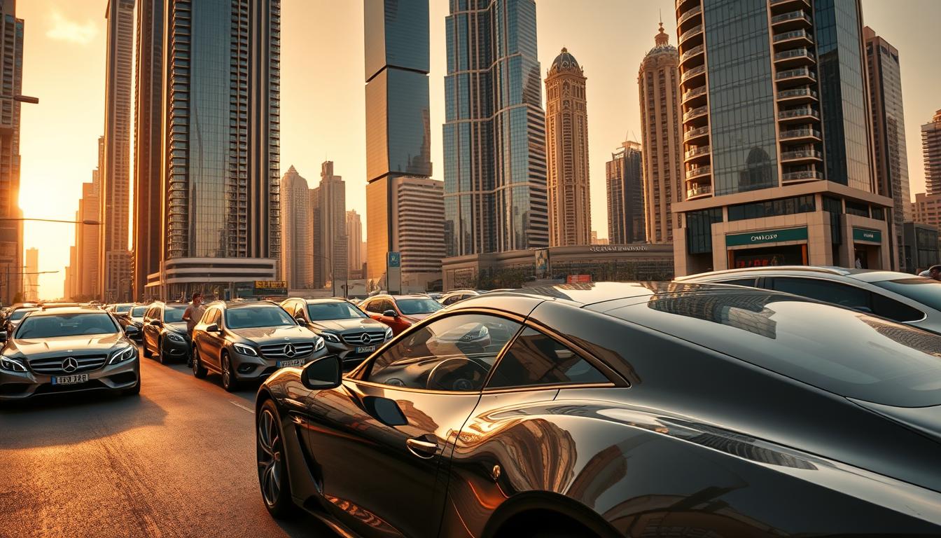 A modern, luxury car driving on a multi-lane highway in Dubai with the city skyline in the background at sunset