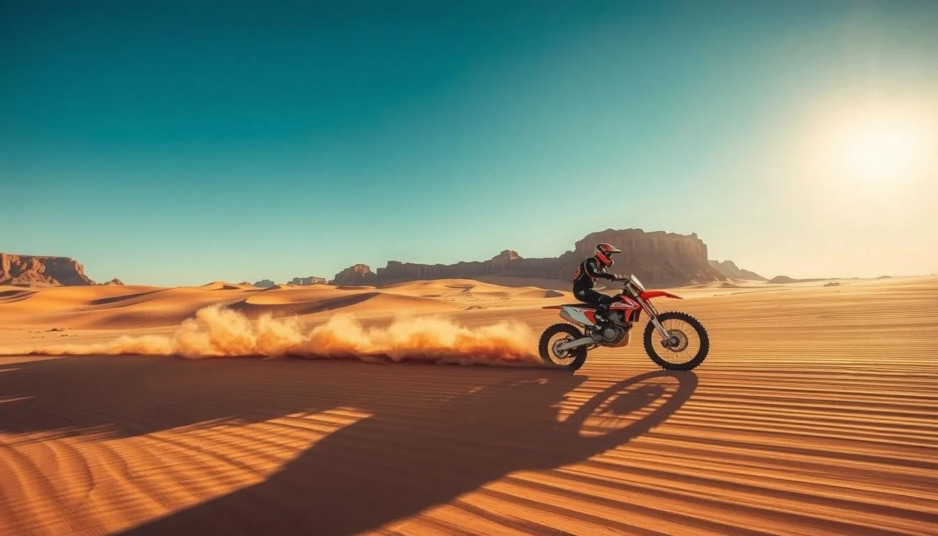 KTM dirt bikers riding across golden Dubai desert dunes at sunset, kicking up sand as they navigate the challenging terrain
