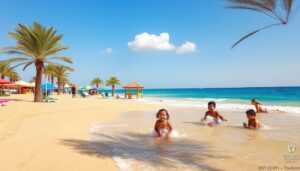 Young kids splashing in shallow waves on a sunny palm-lined beach, one of the kid-friendly beaches in Dubai