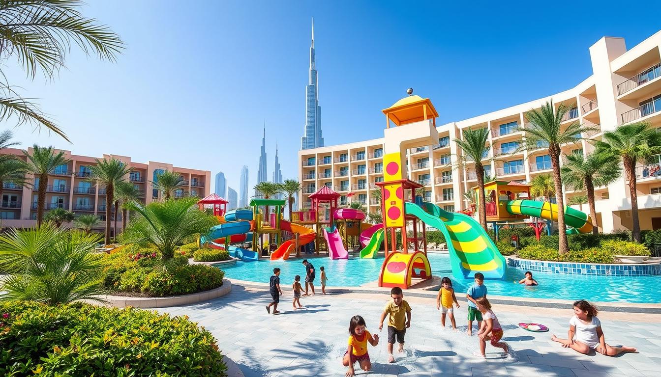 Families enjoying a luxurious swimming pool at a kid-friendly hotel in Dubai with palm trees and modern architecture in the background