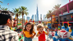 Two smiling young children and their father among colorful toy-brick castles at a Dubai theme park