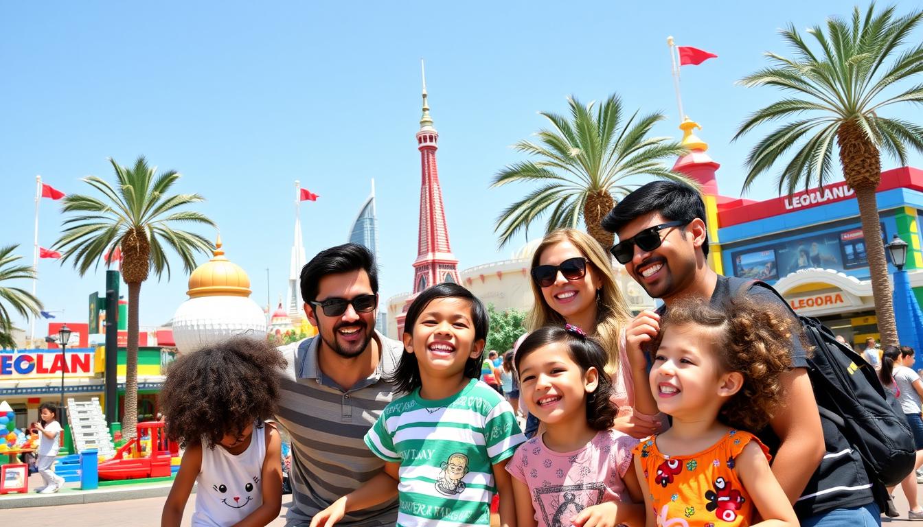 Family with two children smiling and posing in front of a colorful LEGO structure at Legoland Dubai theme park
