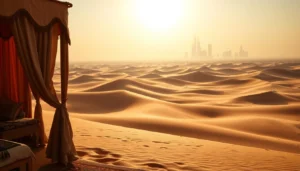 Draped luxury canopy with cushions overlooking rolling golden dunes and a hazy city skyline at sunset