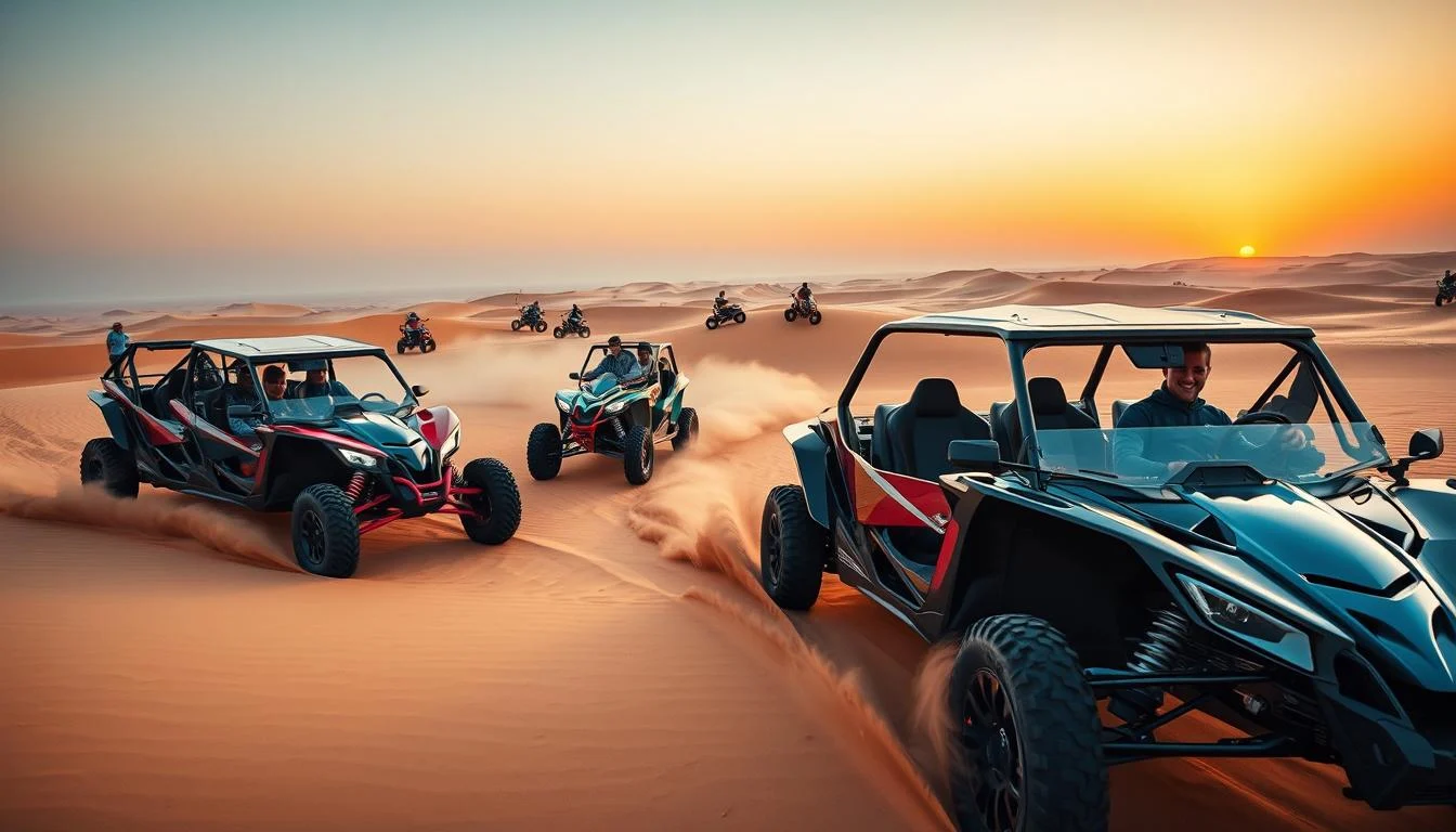 Luxury SUV parked in the Dubai desert at sunset, with a dune buggy and quad bike nearby, ready for an adventure.