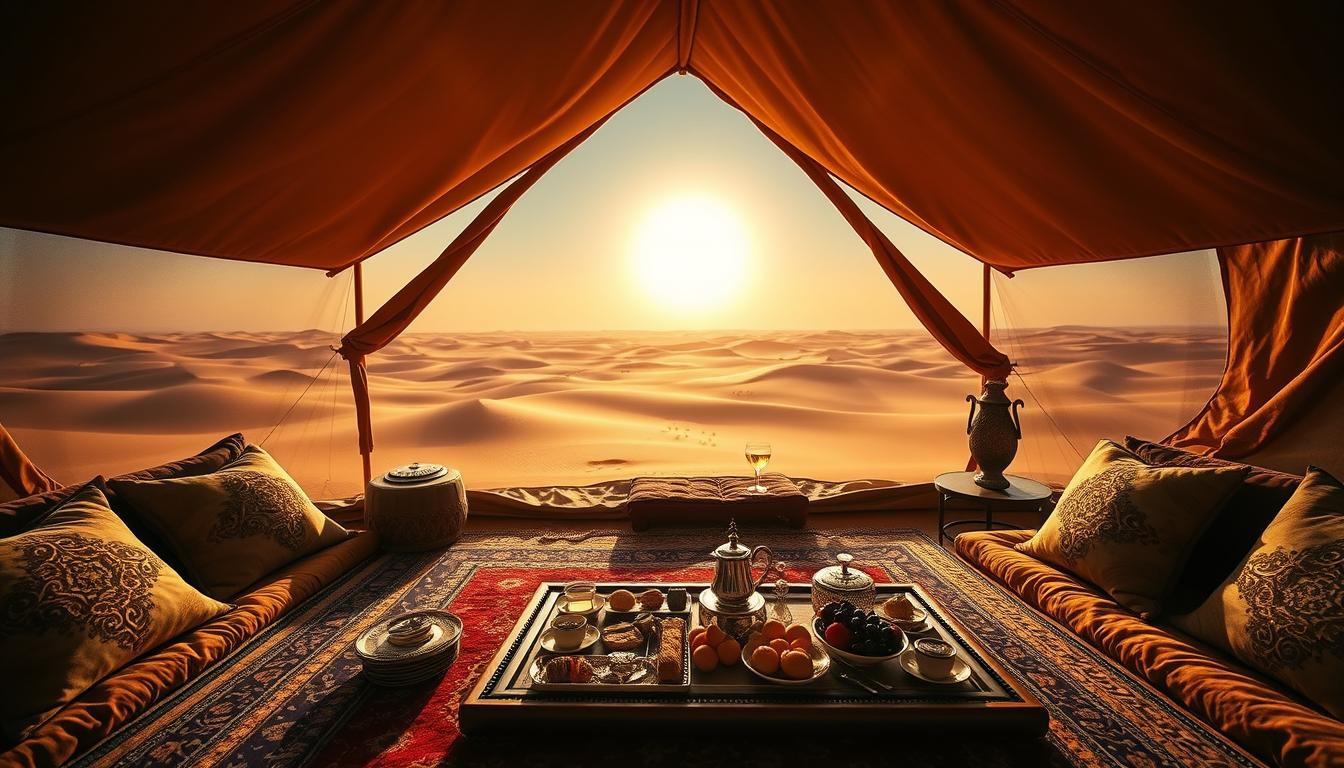 Tourists enjoying a luxurious desert safari with exclusive accommodations and personalized services in Dubai